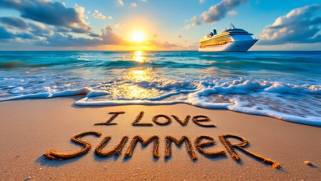 Sunset over ocean with cruise ship and 'I Love Summer' written in sand, reflecting a warm and inviting summer mood.