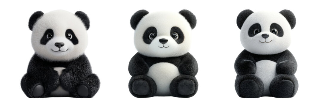 Three sitting panda bears isolated on transparent background