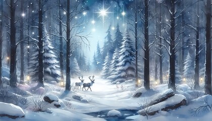 Naklejka premium A reindeer standing in a snow-covered forest with the Northern Lights glowing in the sky watercolor style,generative ai