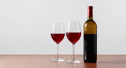 Set of red wine bottle and glasses on a plain white background.