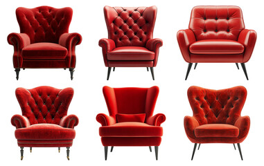 Red velvet luxury armchairs set isolated on transparent background