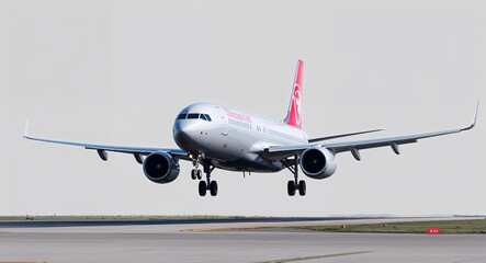 Obraz premium Side view of a commercial airplane landing on a plain white background.
