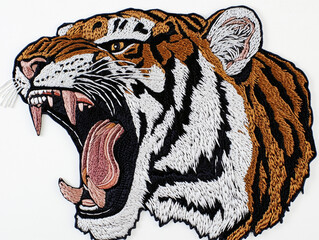 Embroidered roaring tiger head on white fabric © Photo_hub