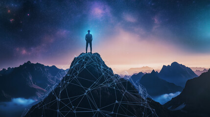A lone figure stands atop a mountain peak, surrounded by a network of connections against a starry sky at dusk