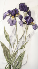 Embroidered purple irises with green leaves on white fabric © Photo_hub