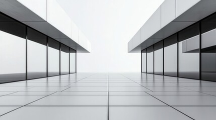Fototapeta premium Minimalist office building blueprint with smooth concrete walls, large glass panels, and simple layout, Modernist, monochrome palette, crisp angles