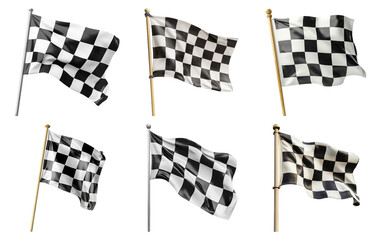 Checkered racing flags in various positions isolated on transparent background