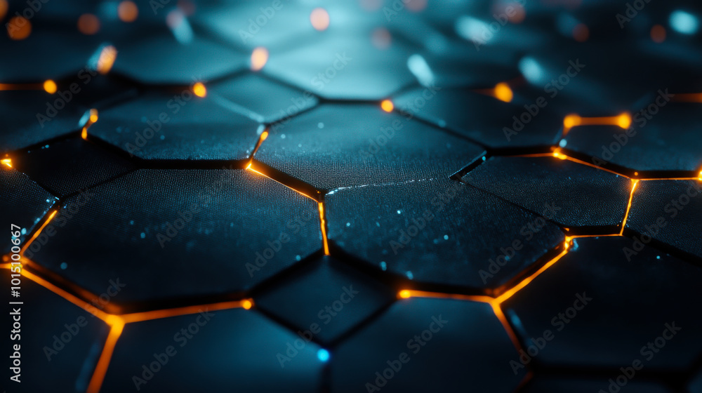 Poster a close-up view of a glowing hexagonal pattern with intricate details, showcasing a blend of light a