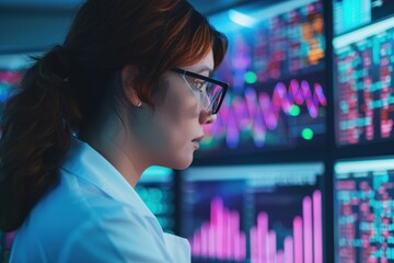 A focused scientist in a lab coat reviewing colorful data charts on multiple screens, working with complex analytics and technology for research.