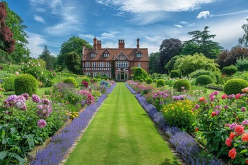 Naklejka premium English garden with colorful flowers, green grass, red brick manor, roses, perennials, vegetables, herbs, vines, trees, shrubs, blue sky, white clouds