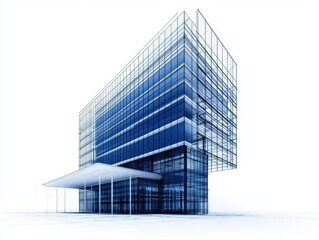 Simple architectural blueprint of a sleek high-rise with glass facades and geometric precision, Minimalist design, blue and white palette, clean lines