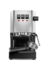 Classic stainless steel espresso coffee maker isolated. Front view. Transparent PNG image.