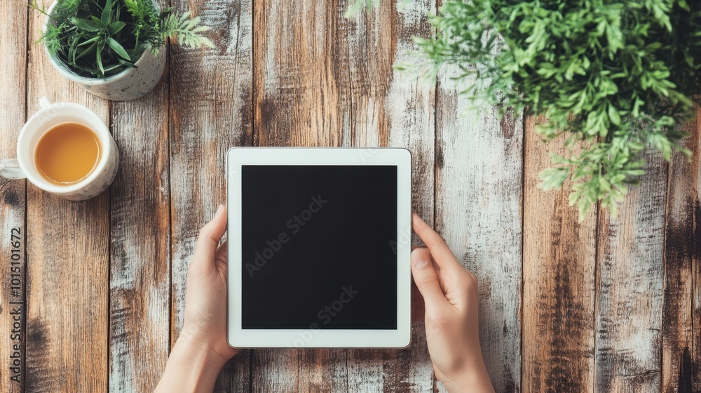 Poster digital tablet with an empty screen held by a hand over a desk, providing a minimalist view for show