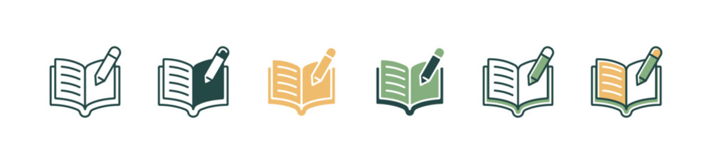 open book and pencil icon set education study writing task vector school literature learning signs illustration for web and app