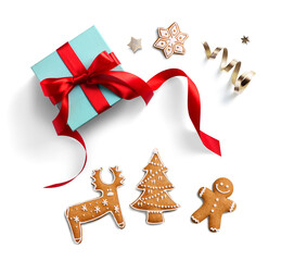Christmas gift box Design elements with real soft transparent shadow. Christmas design elements; red ribbon bow and golden confetti, flat lay, clipping path, PNG