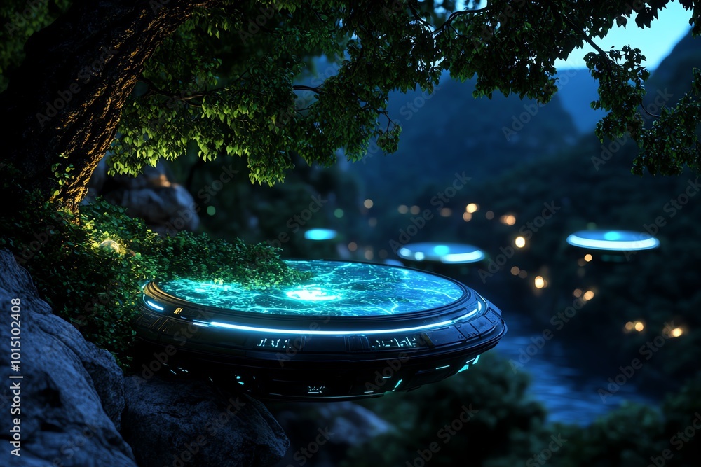 Poster fantasy depiction of a utopian future city, with floating structures, glowing energy sources, and na