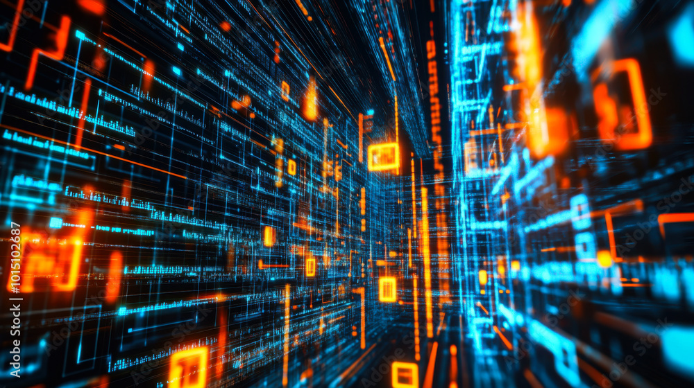 Poster a vivid digital network cityscape filled with glowing blue and orange data streams representing tech