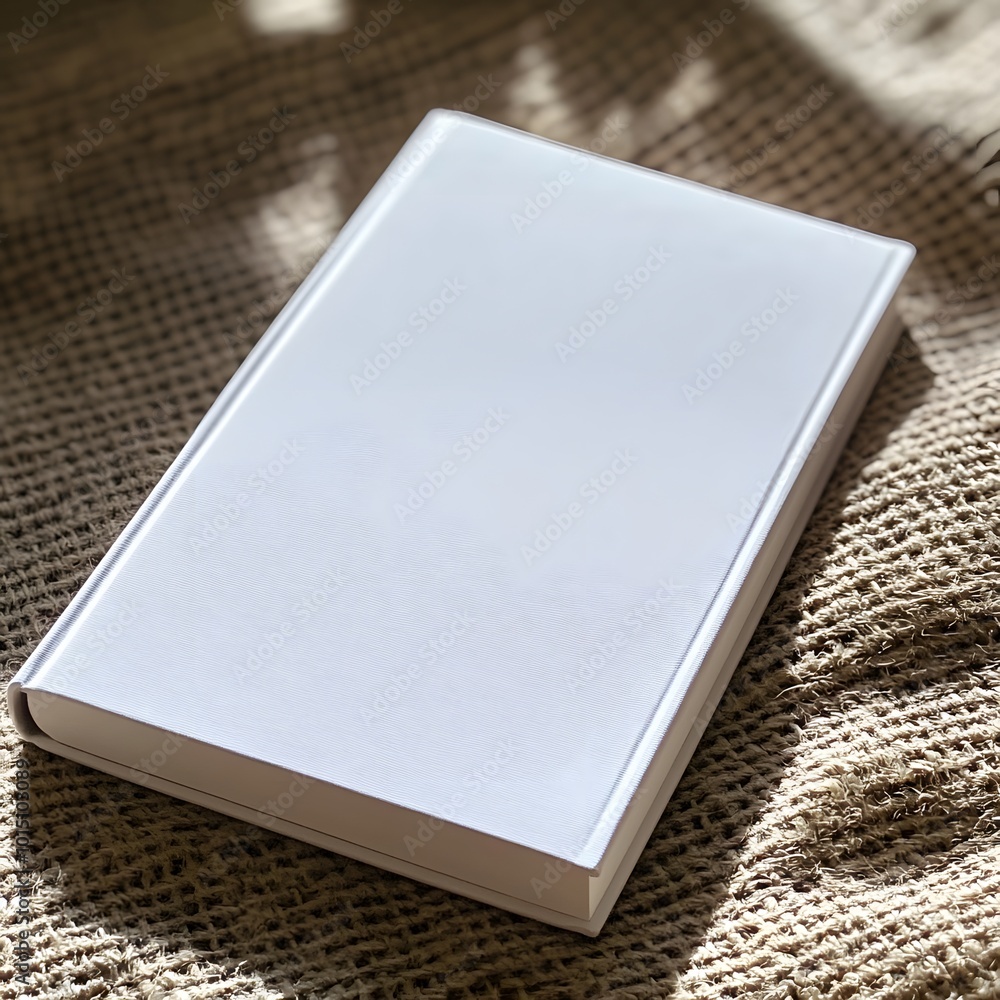 Poster a minimalist white notebook resting on a textured surface, capturing soft shadows and natural light.