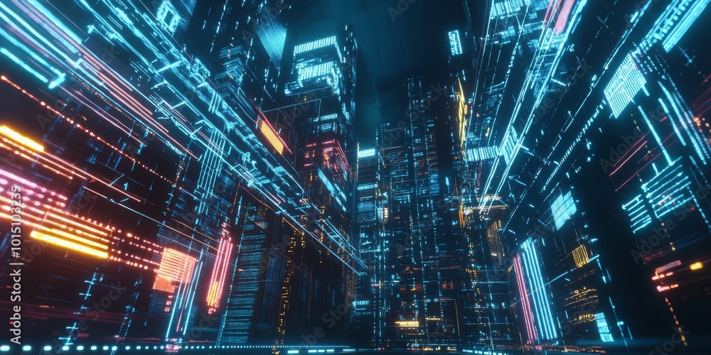 Poster futuristic cityscape with vibrant neon lights and glowing data streams, creating a digital atmospher