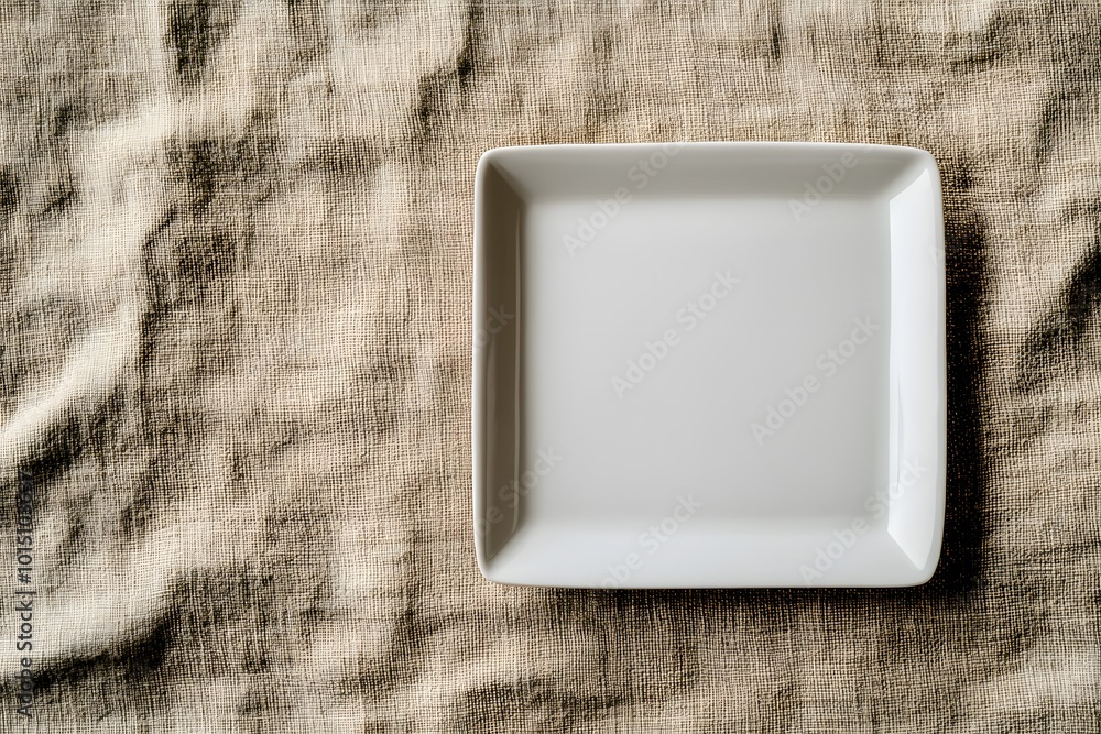 Poster a minimalistic square plate rests on a textured fabric background, showcasing simplicity and eleganc