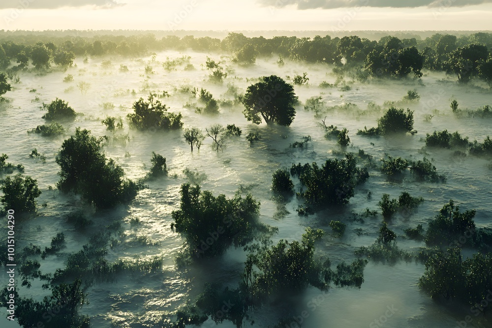 Poster a misty landscape with silhouettes of trees emerging from serene water, illuminated by soft sunlight