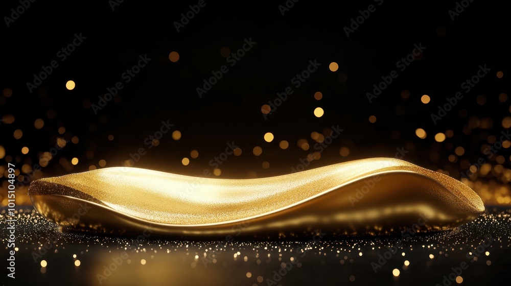 Poster glowing golden curves envelop a modern podium, highlighted by sparkle and bokeh elements for a premi