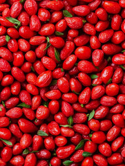 Bright red goji berries are beautifully arranged, showcasing their vibrant color and glossy texture, complemented by small green leaves. This captures essence of freshness and health