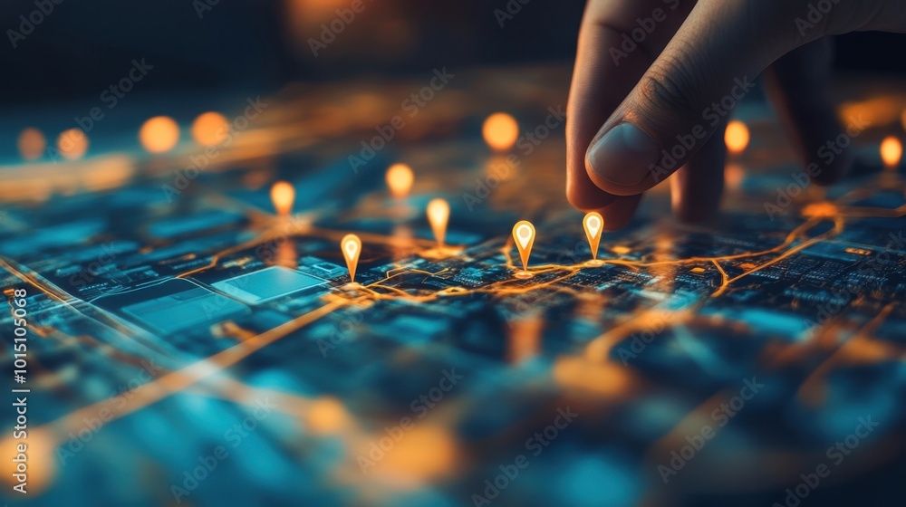 Poster hand setting location pins on a digital map, representing cutting-edge ai technology in logistics an