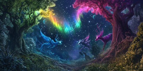 Fototapeta premium A magical forest scene depicting ethereal deer beneath a vibrant aurora, illuminated by colorful starlight.