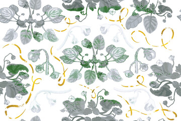 A seamless pattern with tinted African violet flowers isolated on the white background. Golden textured shapes with the aged effect placed around the flowers. Colored ink smear texture placed above.