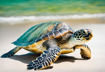 Obraz premium A beautiful green sea turtle isolated on a white background, perfect for wildlife and nature lovers.