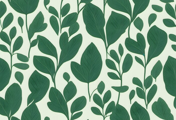 A seamless pattern featuring various green leaves on a light background. The design showcases a variety of leaf shapes and sizes, creating a lush and vibrant botanical theme.