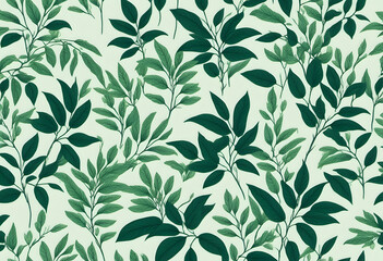 A seamless pattern featuring various green leaves on a light background. The design showcases a variety of leaf shapes and sizes, creating a lush and vibrant botanical theme.