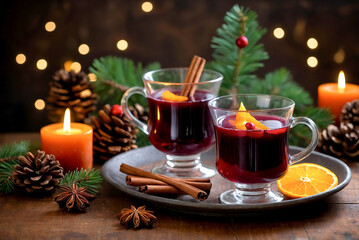Fototapeta premium hot mulled wine on a decorative table with orange slices, star anise and cinnamon stick