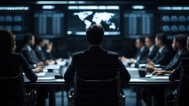 Corporate meeting with leadership team reviewing the agenda, dynamic lighting highlighting key points on digital displays, photorealistic, cinematic