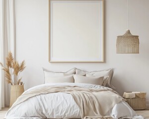 Bohemian Bedroom Interior Mockup with Retro Frame on Wall