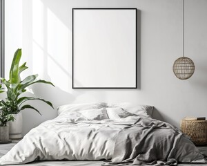 Bohemian Bedroom Interior with Modern Frame Mockup, 3D Render Design