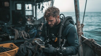 Diver preparing gear on a boat before diving. Scuba diver checking his equipment