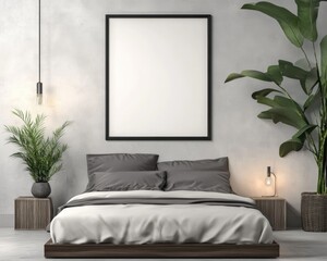 Modern Bedroom Interior Mockup with Empty Frame for Poster, Bohemian Style Decor