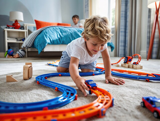 Child playing with toy race car track in bedroom - Powered by Adobe