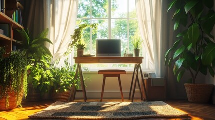 Fototapeta premium A comfortable home office corner, with a soft rug under the desk, green plants, and natural light pouring through the window.