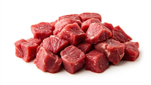 Raw beef meat diced into cubes, isolated on white, providing a clean and minimalist view of fresh meat for recipe or ingredient use