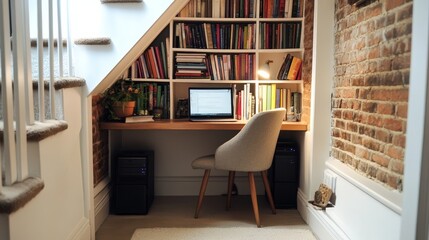 A cozy home office nook under the stairs, featuring a small desk, a laptop, and a comfortable chair, with shelves full of books.