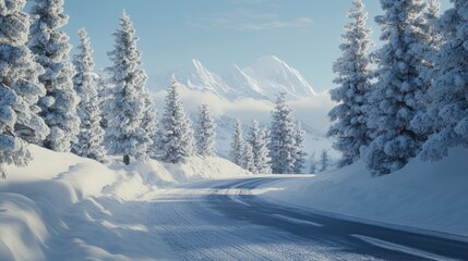 Serene winter road winding through snow-covered trees, with a majestic backdrop of the Alps under a crisp, blue sky