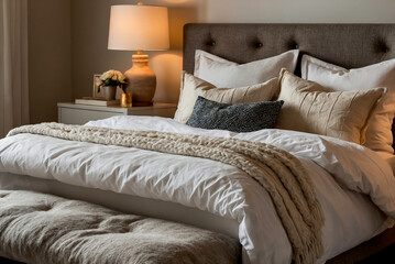 cosy, modern bedroom with stylish bed linen in soft colors.