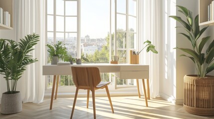 Obraz premium Natural light floods this inviting home office featuring a wooden desk, a comfortable chair, and vibrant houseplants, creating a serene atmosphere perfect for productivity and creativity.