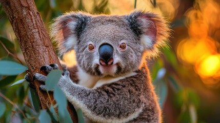 Fototapeta premium Adorable Koala Climbing a Tree at Sunset