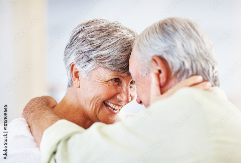 Wall mural Senior couple, happy and romance in home for relax, bonding and love with support, care and together. Elderly people, smile and connection in house for weekend break, marriage and embrace with trust