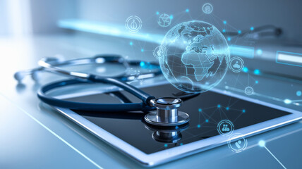 Stethoscope on a tablet with a digital globe and medical icons, representing the integration of technology and modern healthcare