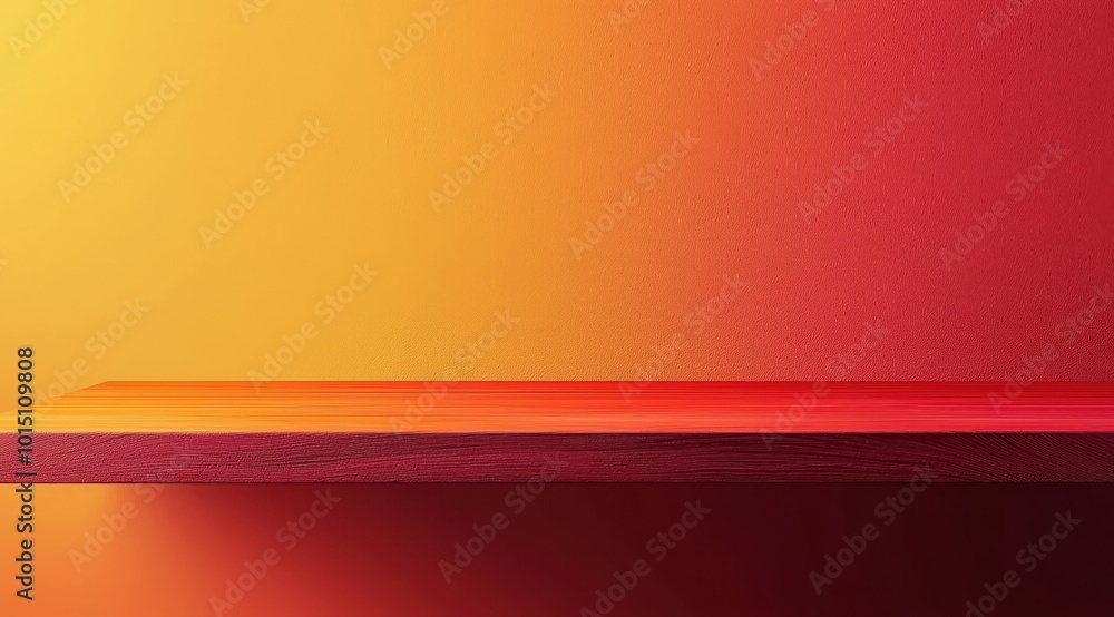 Poster warm gradient background with empty wooden shelf ideal for product placement or design projects